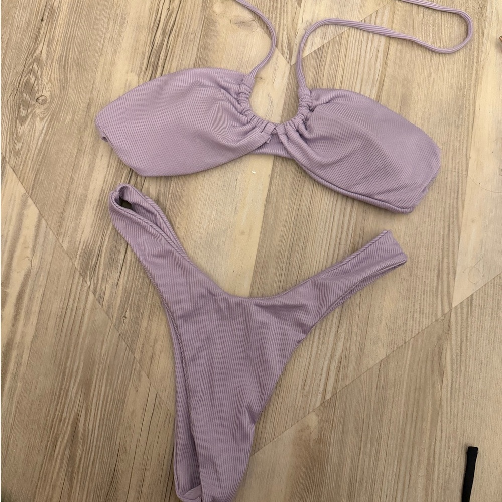Purple Halter Ribbed Bikini Set